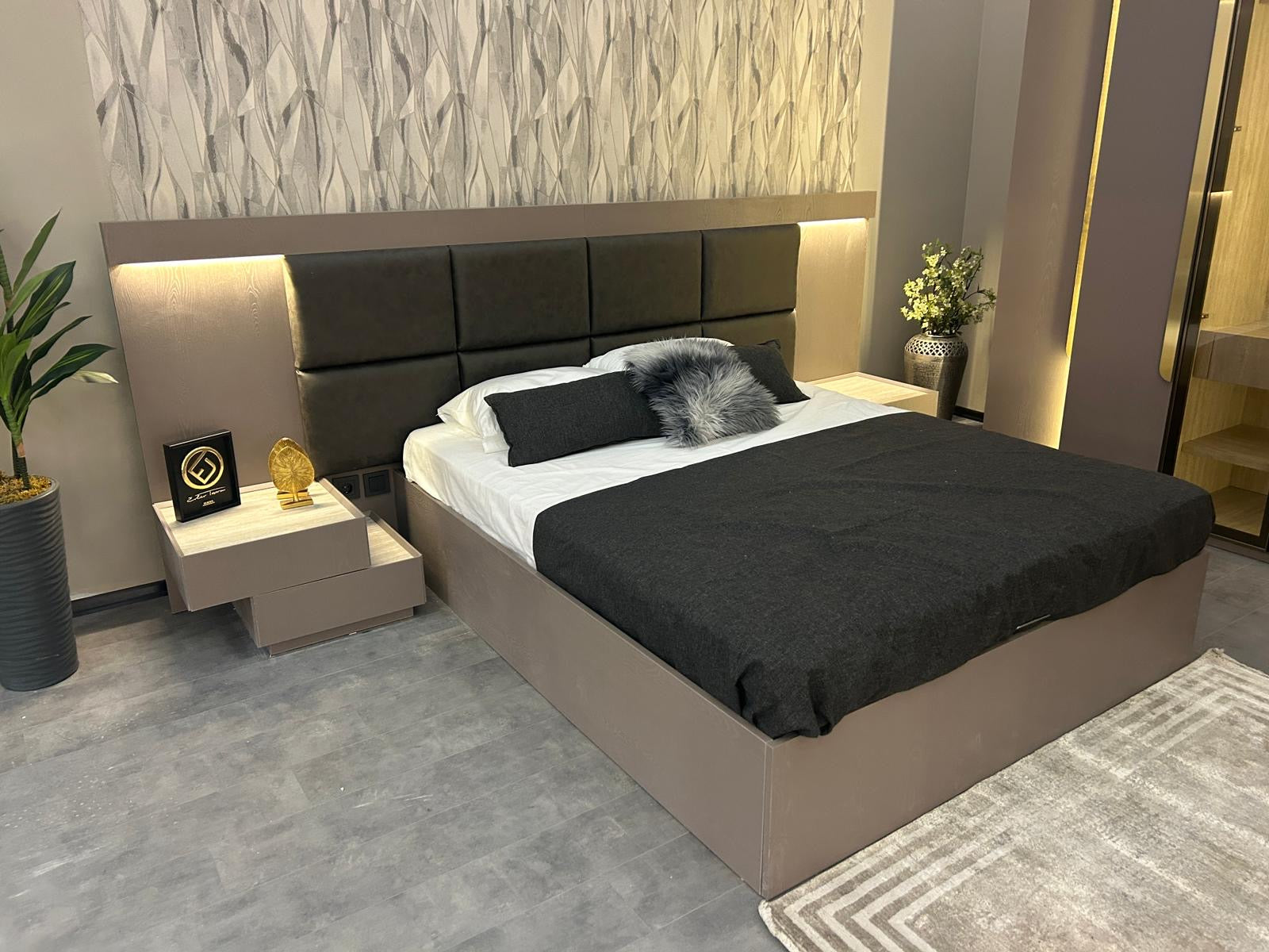 Contemporary Upholstered Bed Frame with Integrated Side Tables