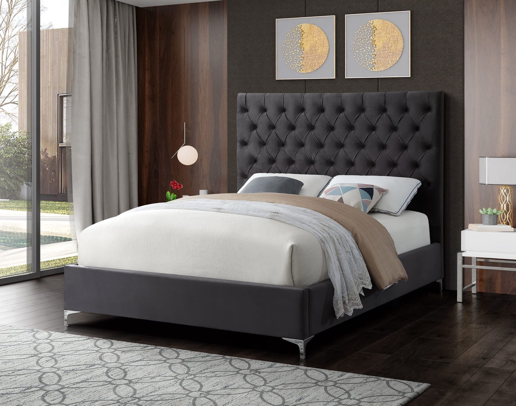 Contemporary Upholstered Platform Bed with Tufted Headboard