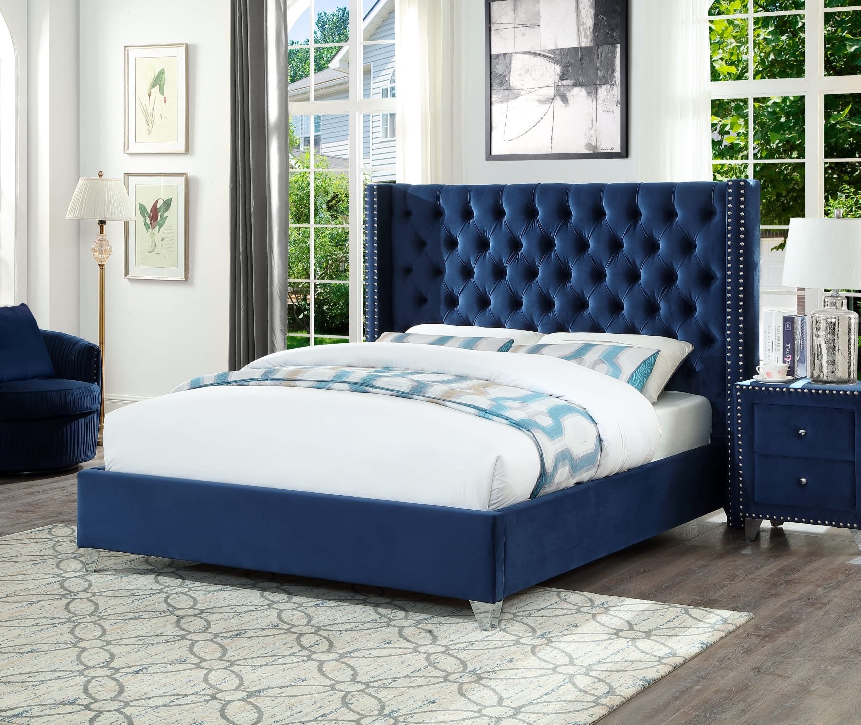 Luxurious Blue Velvet Upholstered Bed with Wingback Headboard