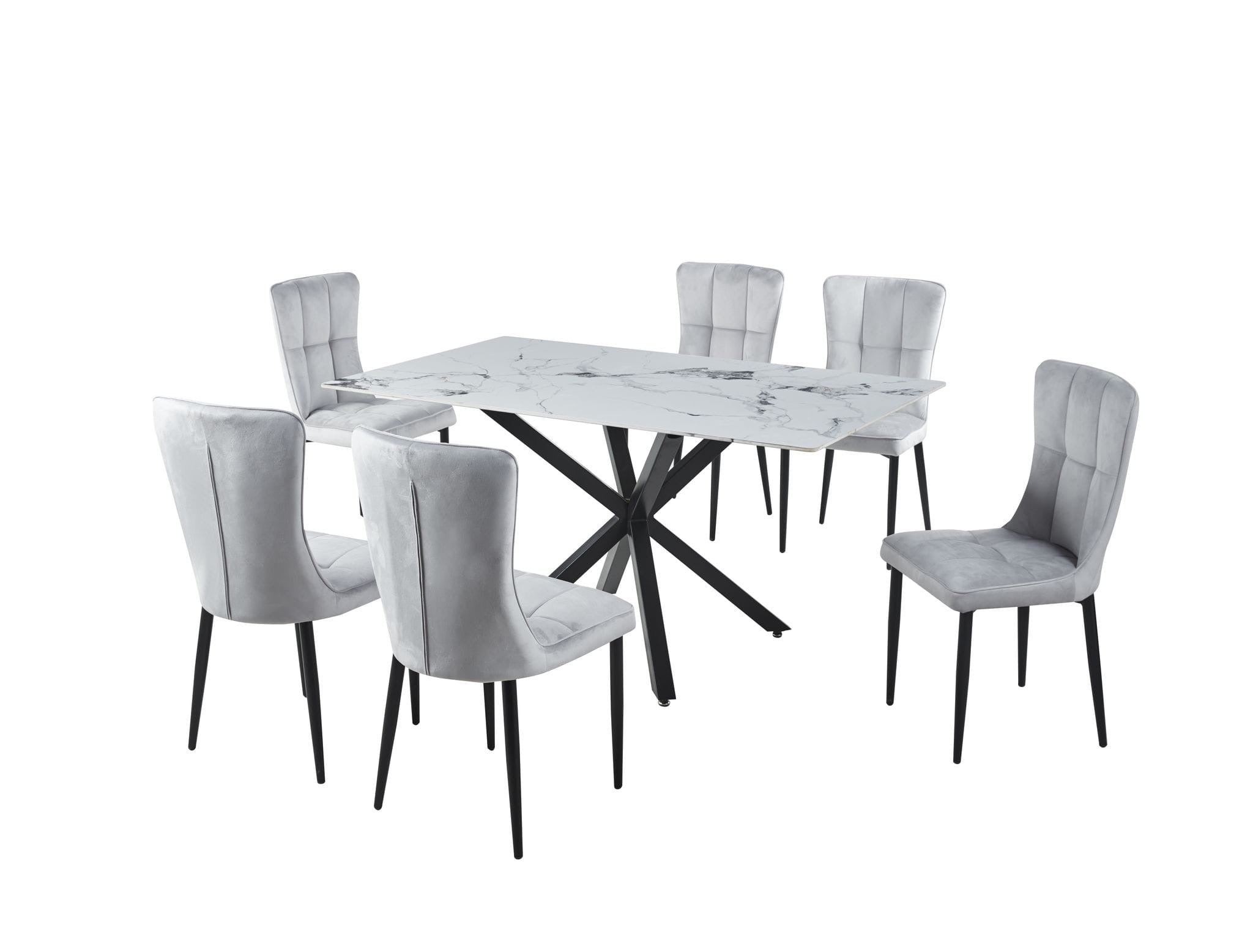 Elegant 7-Piece Dining Set with Marble-Top Table and Gray Upholstered Chairs
